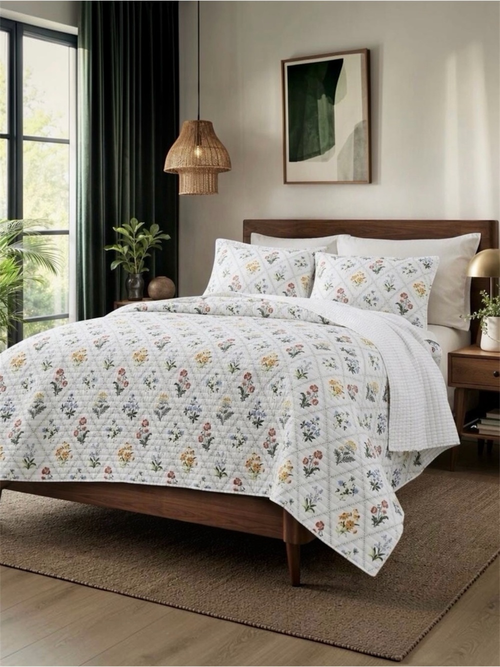 NEW Anthropologie Multicolor Floral Reversible Quilt Bedspread Bedding Sham Set